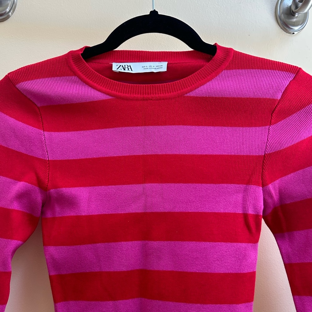 Zara Basic Rib Knit Pink and Red Stripes